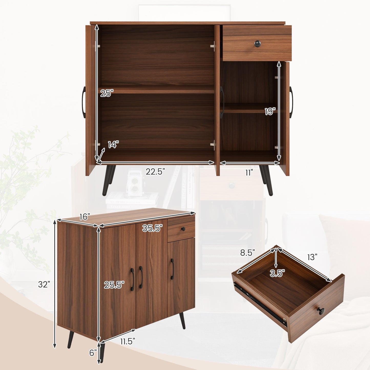Spacious Sideboard Cabinet with 3 Doors, Pull-Out Drawer, and Adjustable Shelves for Versatile Storage