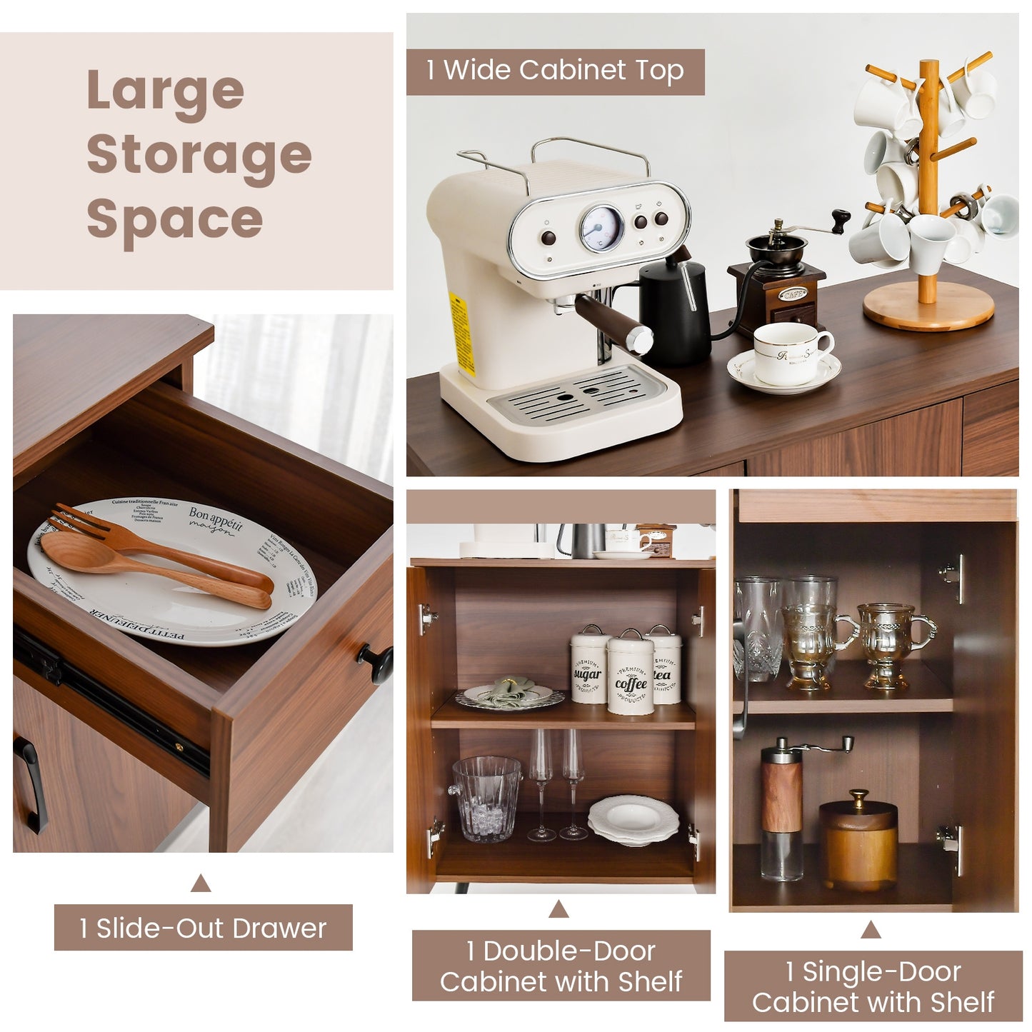 Spacious Sideboard Cabinet with 3 Doors, Pull-Out Drawer, and Adjustable Shelves for Versatile Storage