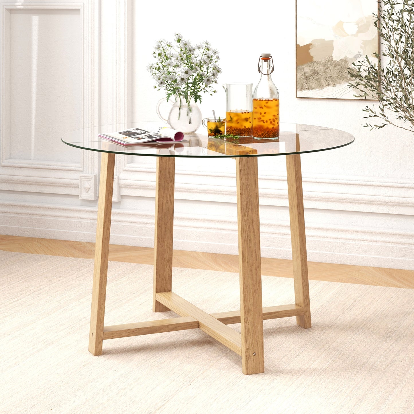 Modern 42 Inch Round Dining Table with Clear Tempered Glass Top and Solid Rubber Wood Base