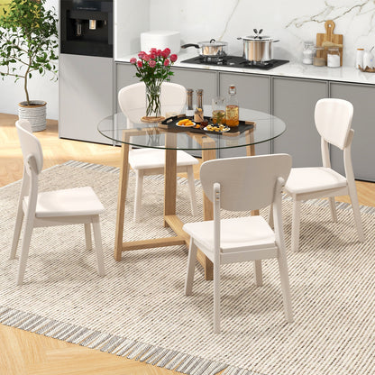 Modern 42 Inch Round Dining Table with Clear Tempered Glass Top and Solid Rubber Wood Base
