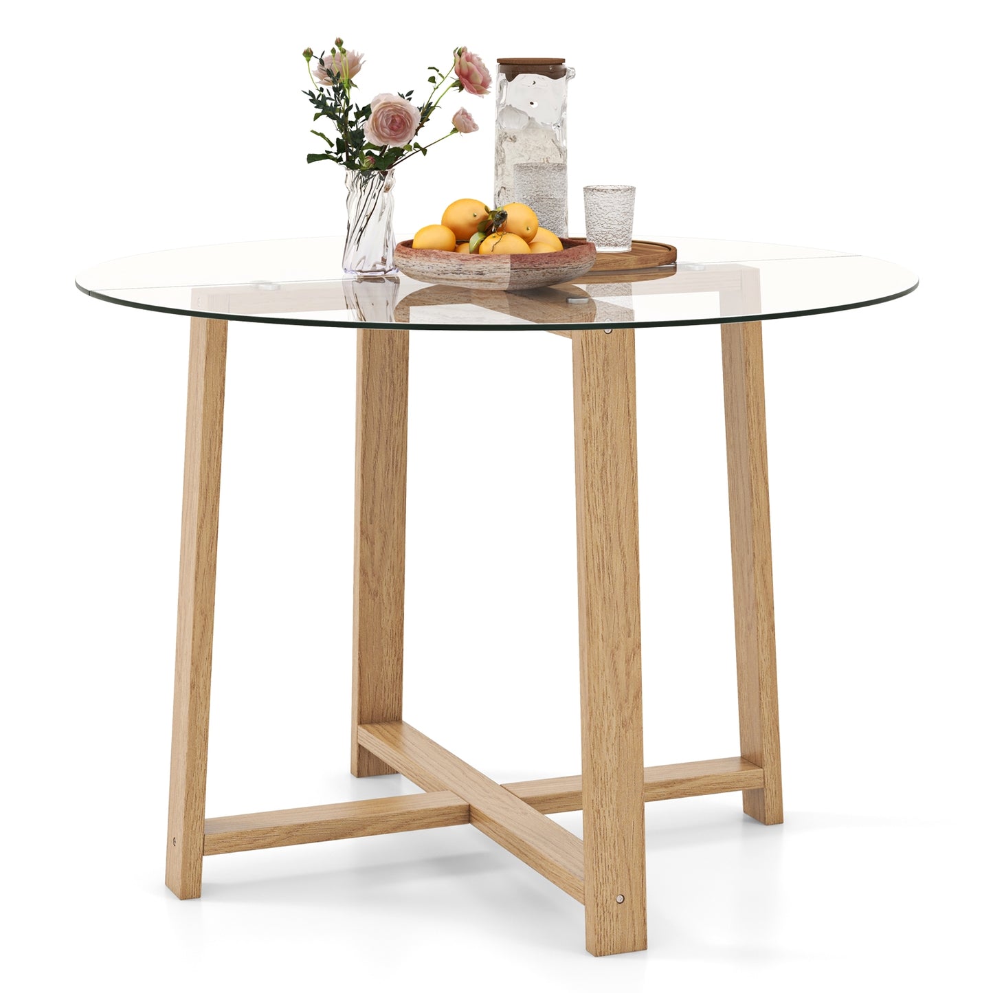Modern 42 Inch Round Dining Table with Clear Tempered Glass Top and Solid Rubber Wood Base
