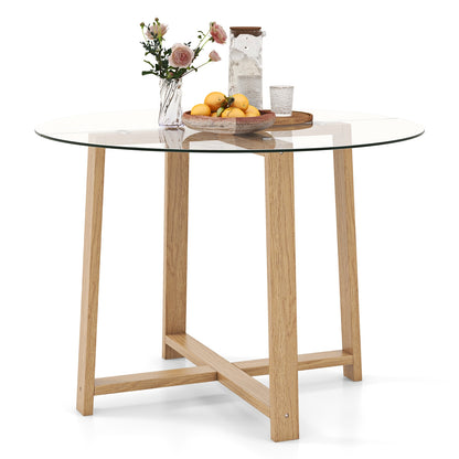 Modern 42 Inch Round Dining Table with Clear Tempered Glass Top and Solid Rubber Wood Base