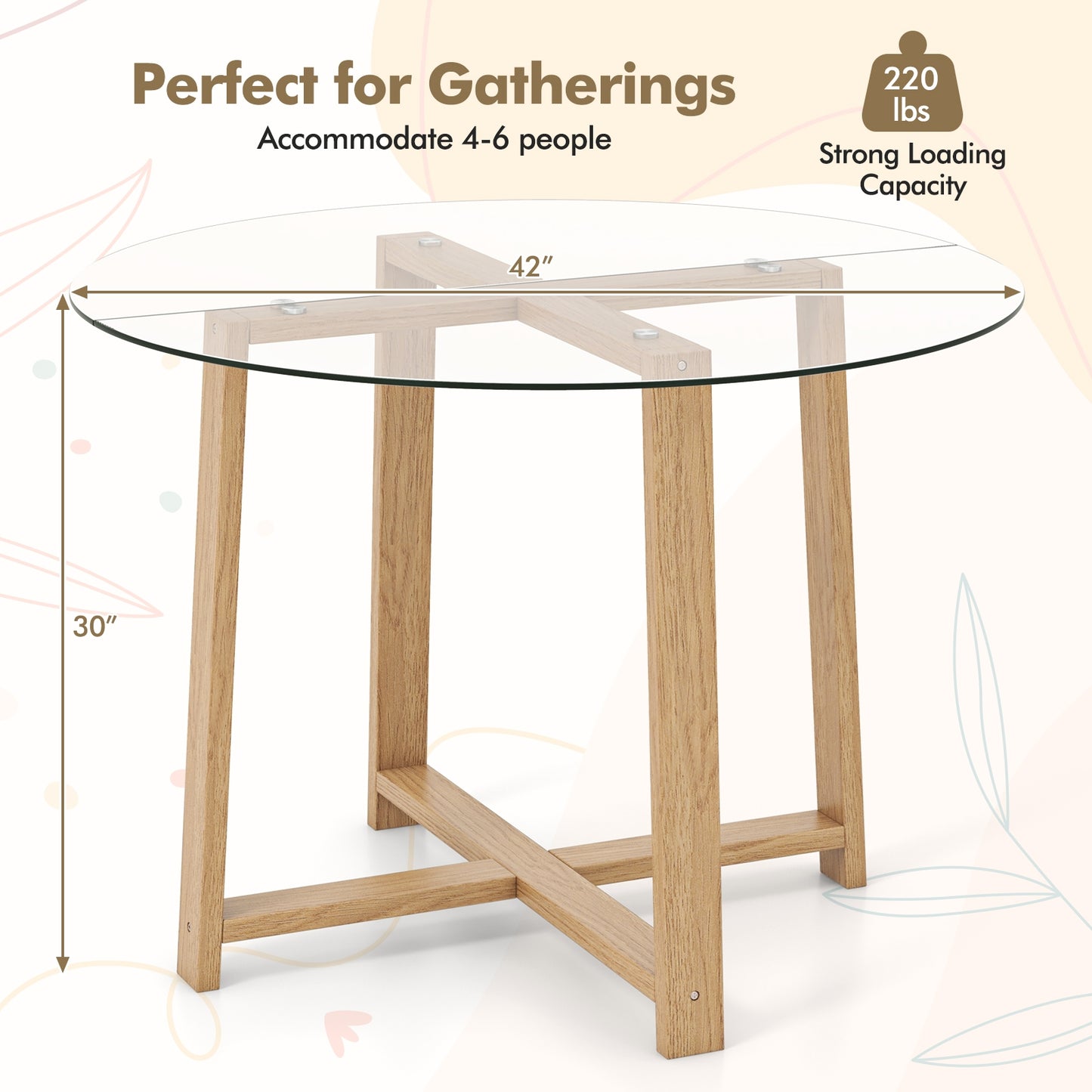 Modern 42 Inch Round Dining Table with Clear Tempered Glass Top and Solid Rubber Wood Base