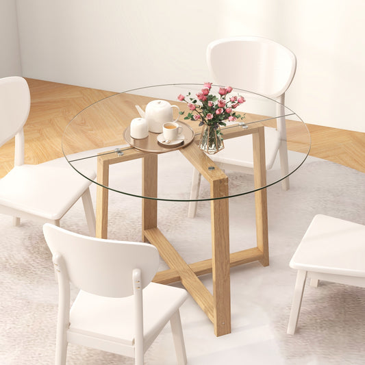 Modern 42 Inch Round Dining Table with Clear Tempered Glass Top and Solid Rubber Wood Base