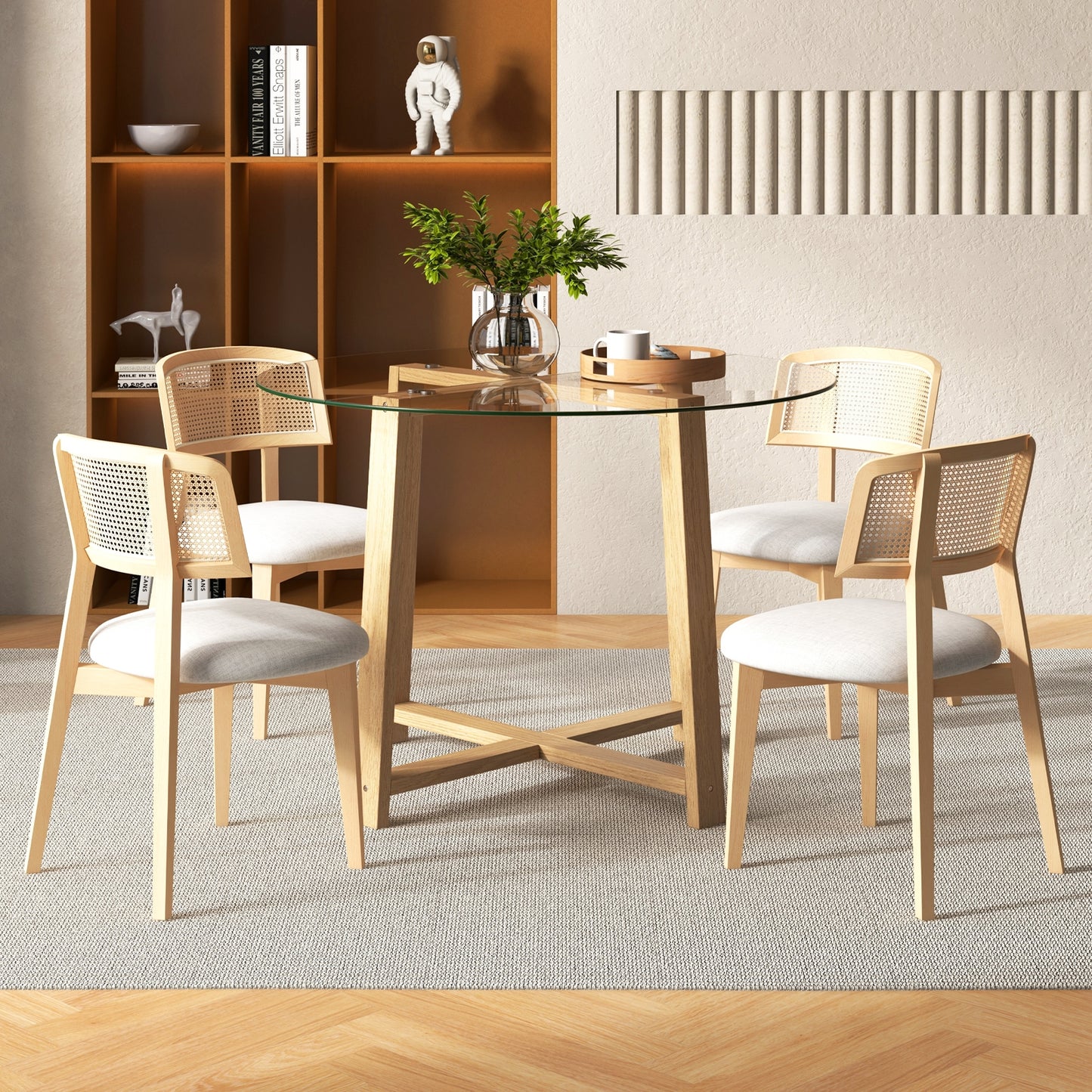 Modern 42 Inch Round Dining Table with Clear Tempered Glass Top and Solid Rubber Wood Base