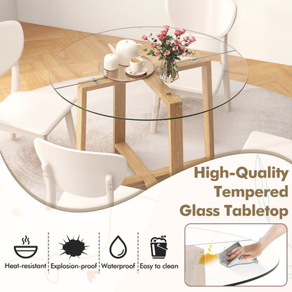 Modern 42 Inch Round Dining Table with Clear Tempered Glass Top and Solid Rubber Wood Base