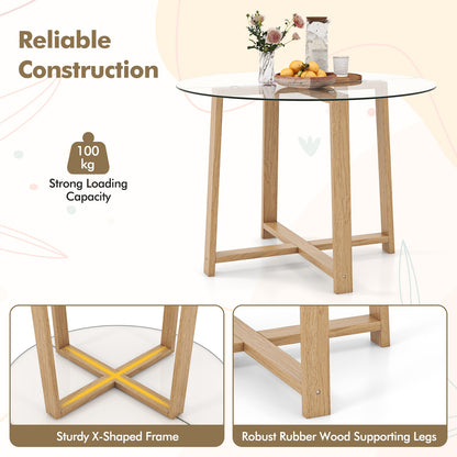 Modern 42 Inch Round Dining Table with Clear Tempered Glass Top and Solid Rubber Wood Base