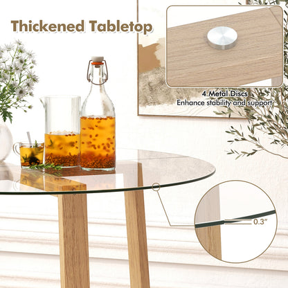 Modern 42 Inch Round Dining Table with Clear Tempered Glass Top and Solid Rubber Wood Base