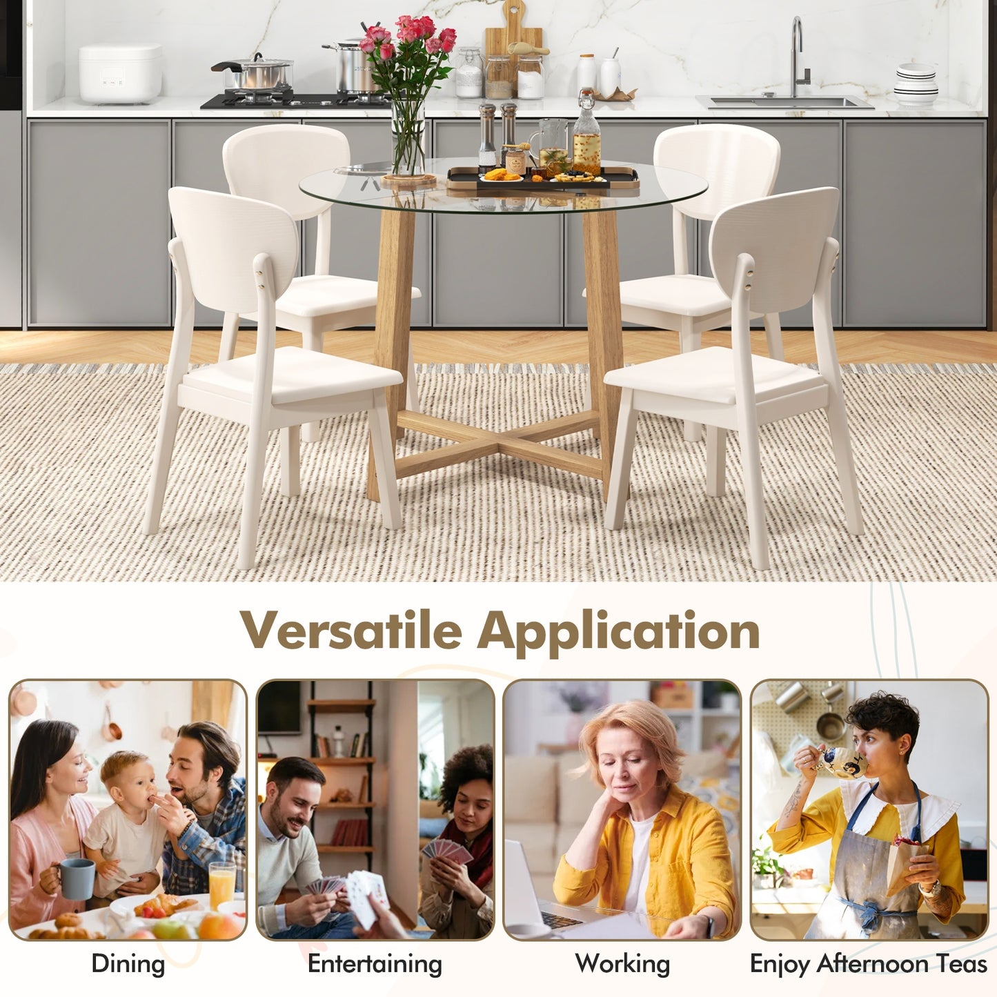 Modern 42 Inch Round Dining Table with Clear Tempered Glass Top and Solid Rubber Wood Base