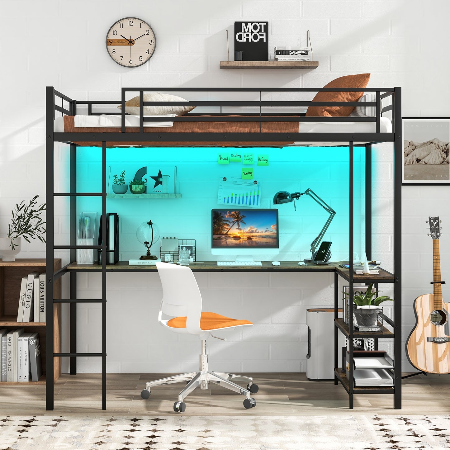 Twin Loft Bed with L-Shaped Desk, LED Lights, and Storage Shelves for Space Optimization
