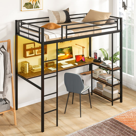 Twin Loft Bed with L-Shaped Desk, LED Lights, and Storage Shelves for Space Optimization