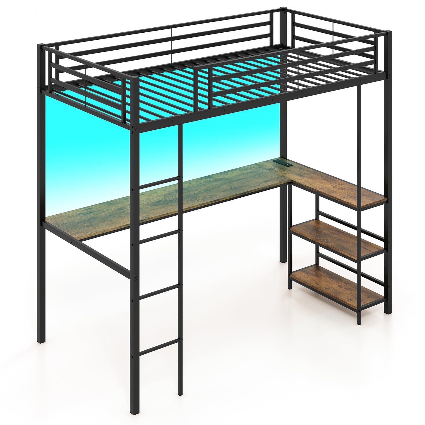 Twin Loft Bed with L-Shaped Desk, LED Lights, and Storage Shelves for Space Optimization
