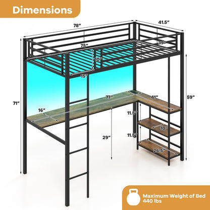 Twin Loft Bed with L-Shaped Desk, LED Lights, and Storage Shelves for Space Optimization
