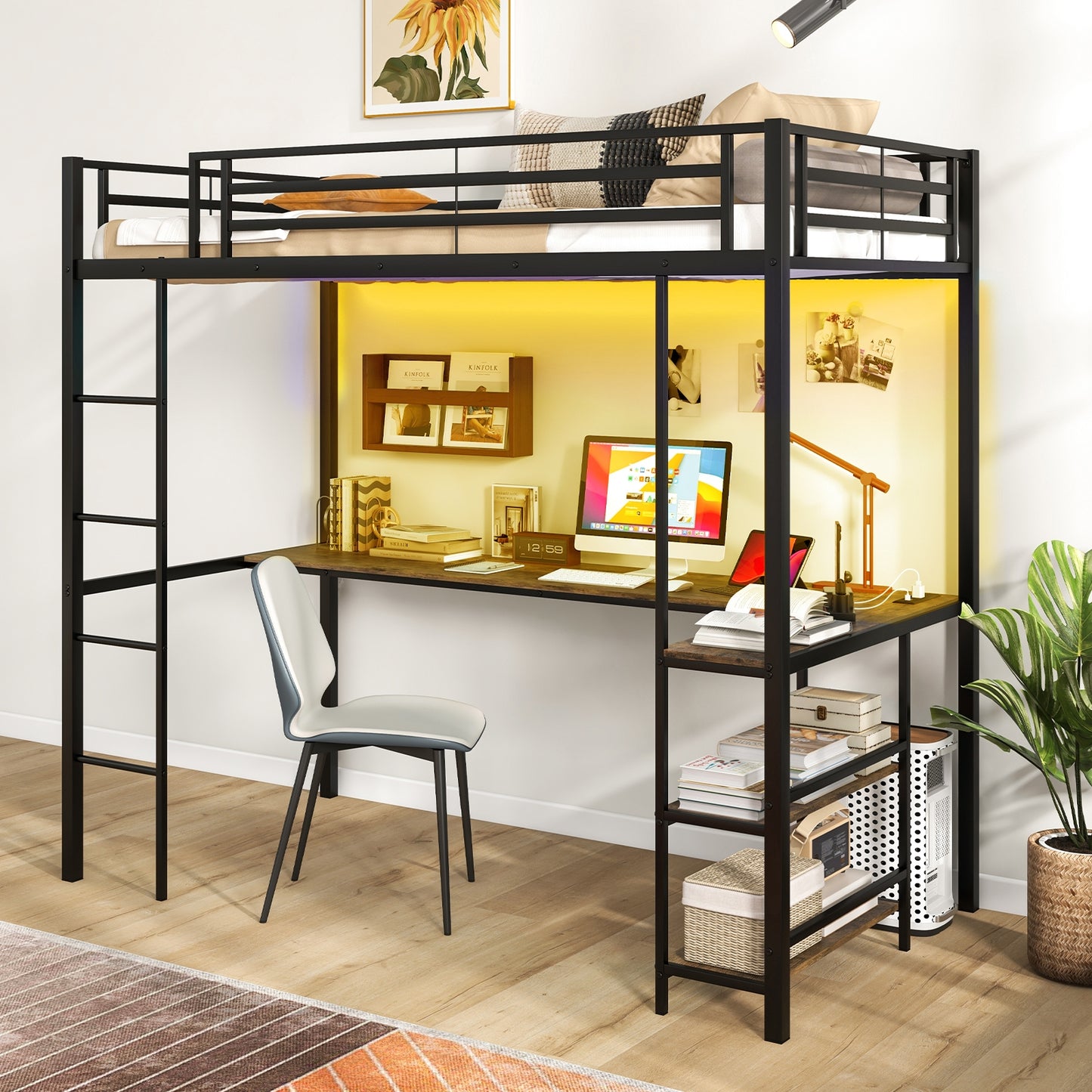 Twin Loft Bed with L-Shaped Desk, LED Lights, and Storage Shelves for Space Optimization