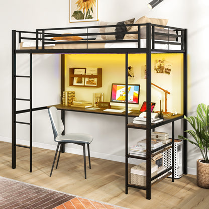 Twin Loft Bed with L-Shaped Desk, LED Lights, and Storage Shelves for Space Optimization
