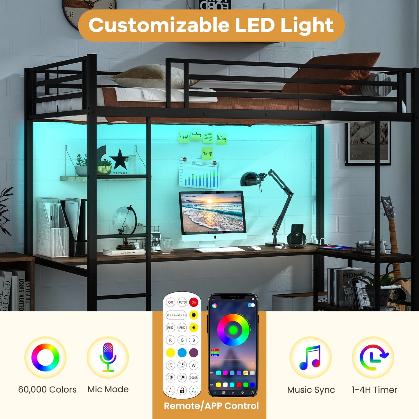 Twin Loft Bed with L-Shaped Desk, LED Lights, and Storage Shelves for Space Optimization