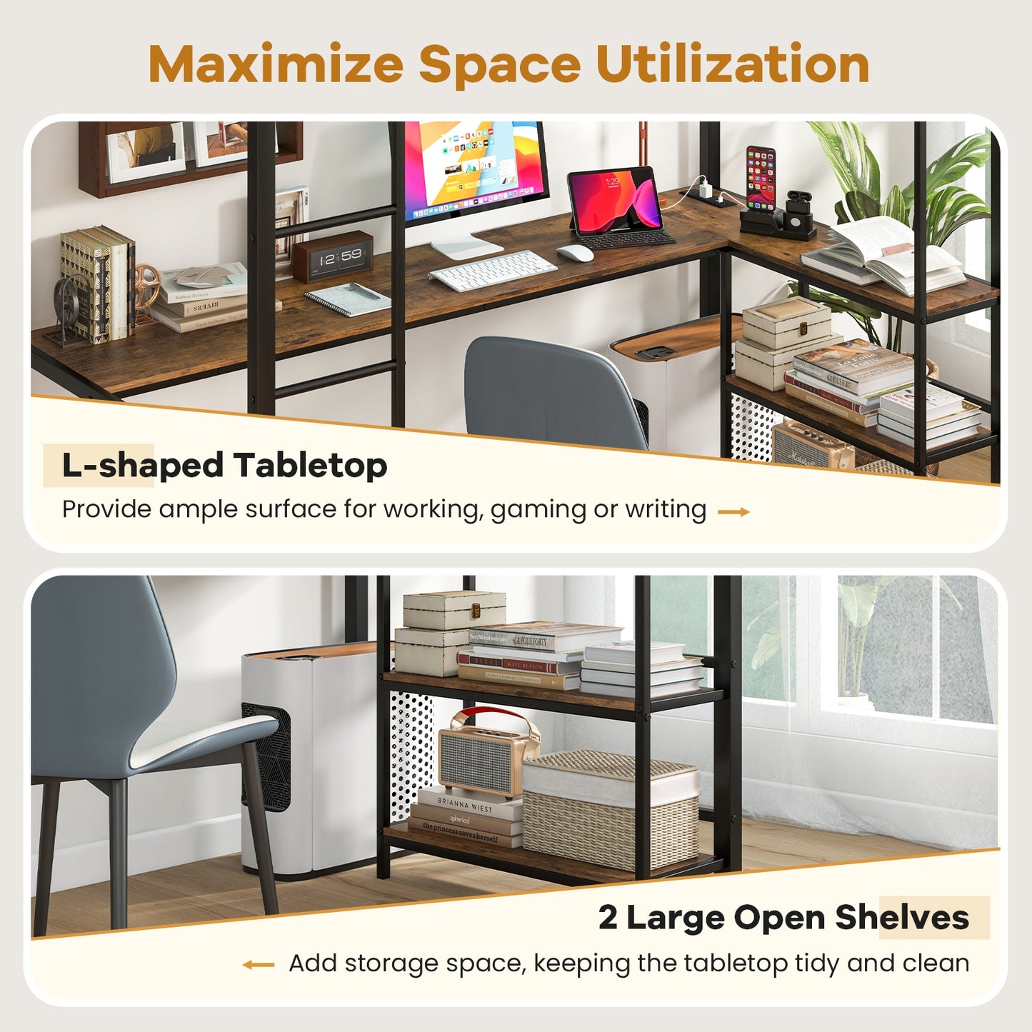Twin Loft Bed with L-Shaped Desk, LED Lights, and Storage Shelves for Space Optimization