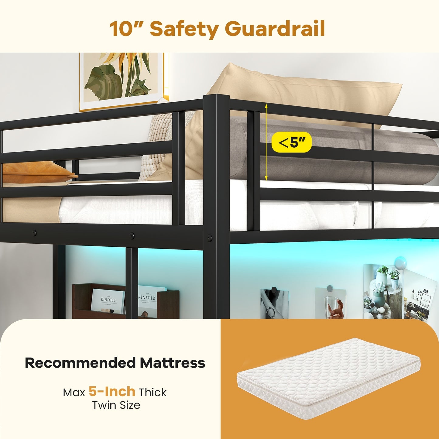 Twin Loft Bed with L-Shaped Desk, LED Lights, and Storage Shelves for Space Optimization