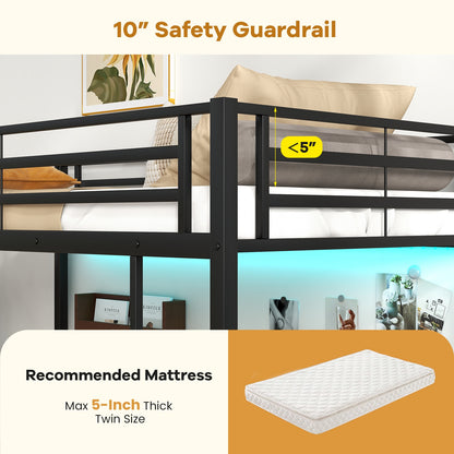 Twin Loft Bed with L-Shaped Desk, LED Lights, and Storage Shelves for Space Optimization
