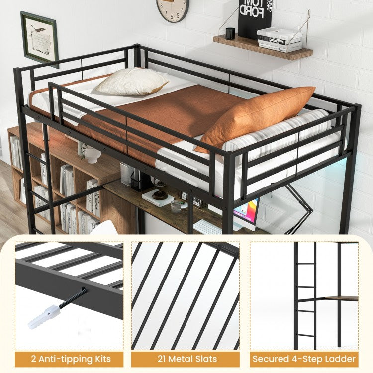 Twin Loft Bed with L-Shaped Desk, LED Lights, and Storage Shelves for Space Optimization