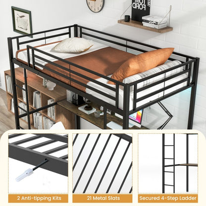 Twin Loft Bed with L-Shaped Desk, LED Lights, and Storage Shelves for Space Optimization