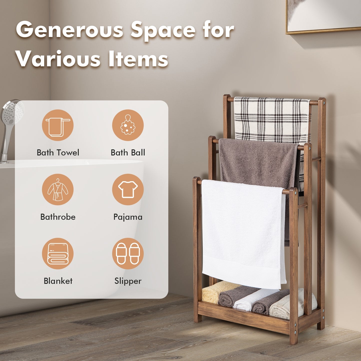 3 Bar Freestanding Towel Rack with Storage Shelf