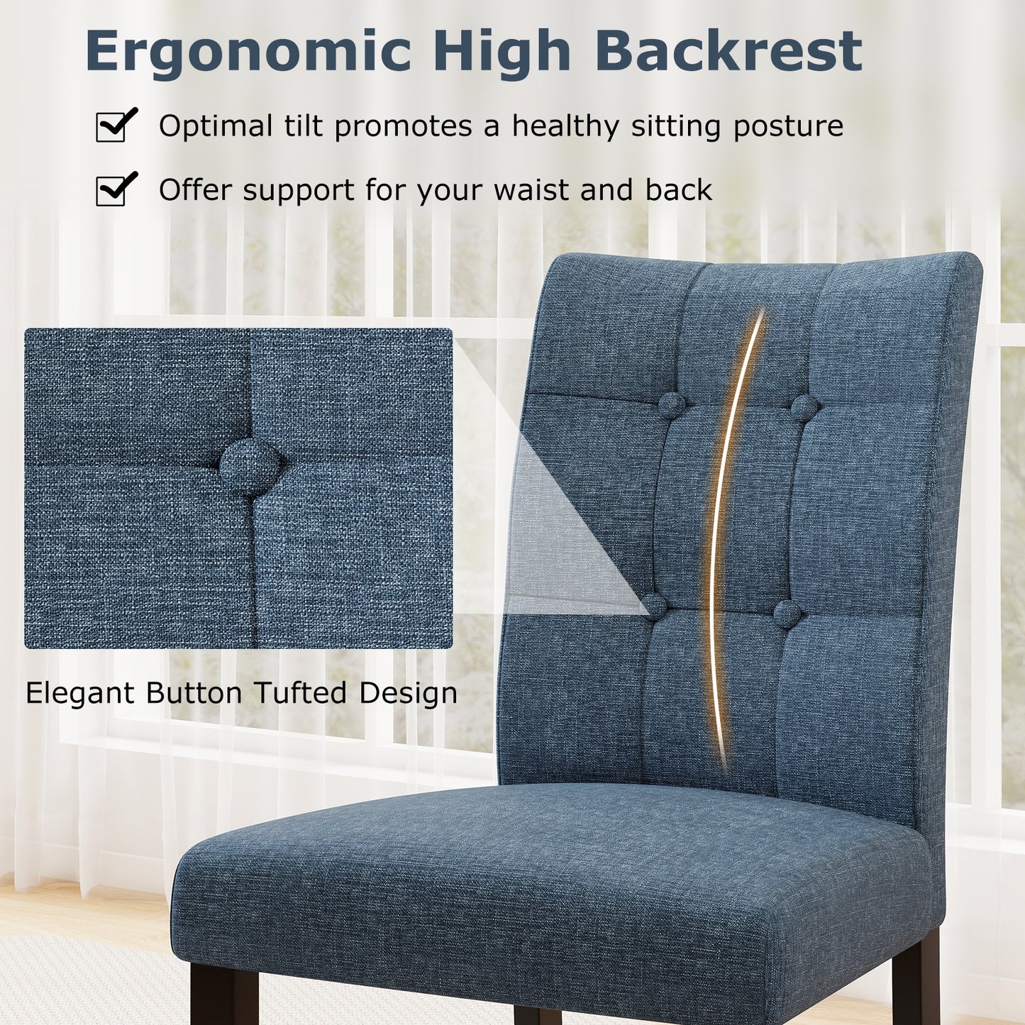 Upholstered Tufted Dining Chairs with High Back and Solid Wood Legs Set of 2