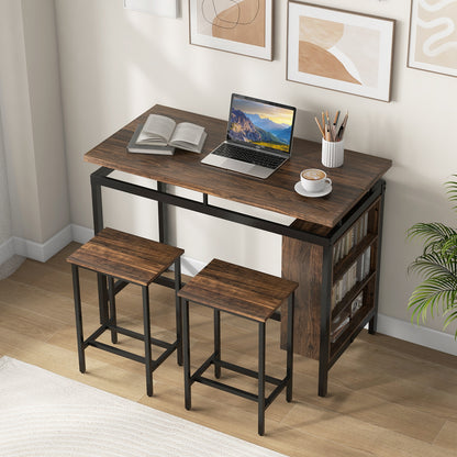3 Piece Counter Height Dining Set with 3 Tier Storage Shelves and Durable Metal Frame