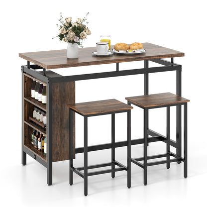 3 Piece Counter Height Dining Set with 3 Tier Storage Shelves and Durable Metal Frame