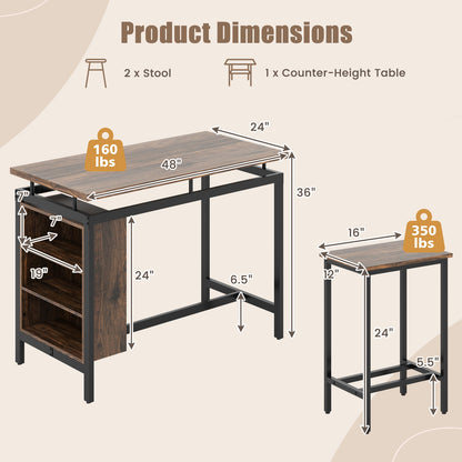 3 Piece Counter Height Dining Set with 3 Tier Storage Shelves and Durable Metal Frame