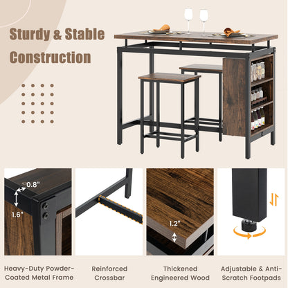 3 Piece Counter Height Dining Set with 3 Tier Storage Shelves and Durable Metal Frame