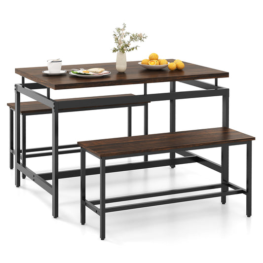 3 Piece Rustic Dining Set with Wooden Kitchen Table and 2 Space-Saving Benches