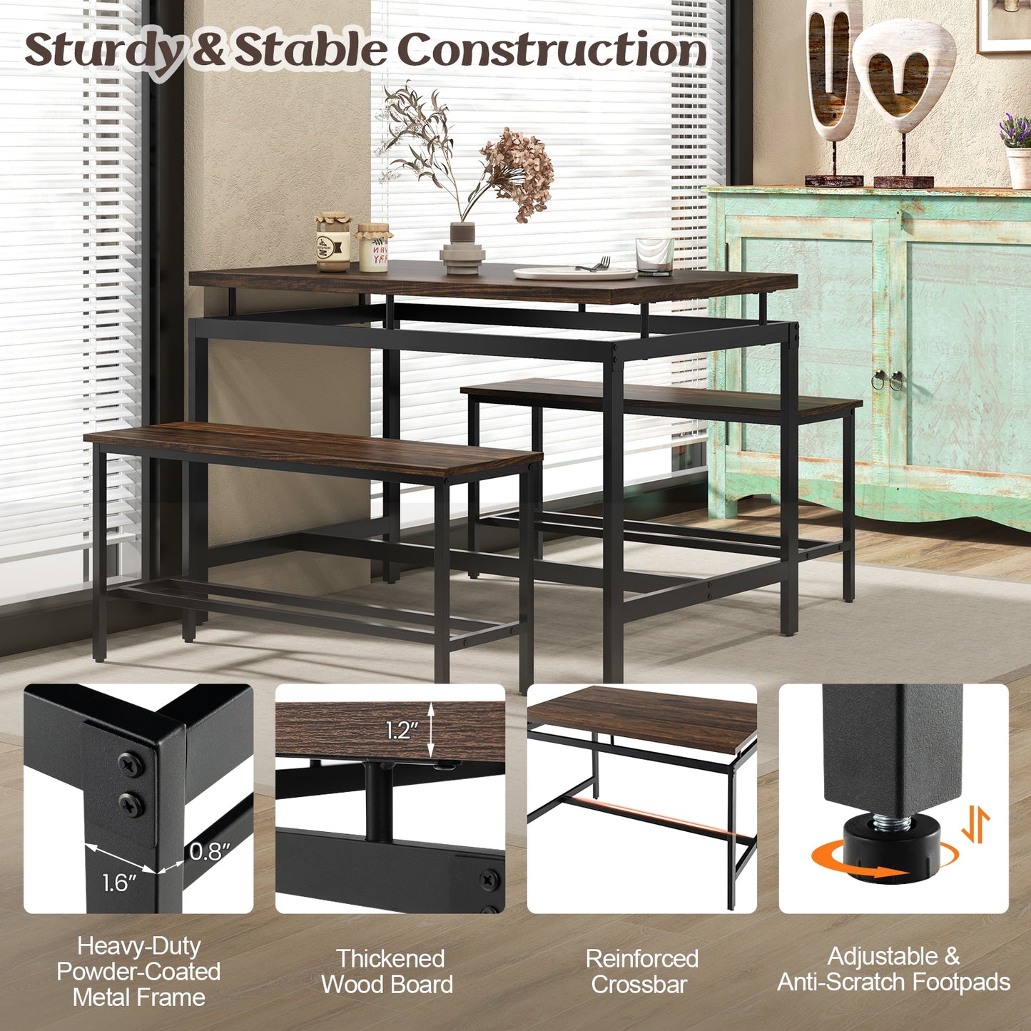 3 Piece Rustic Dining Set with Wooden Kitchen Table and 2 Space-Saving Benches