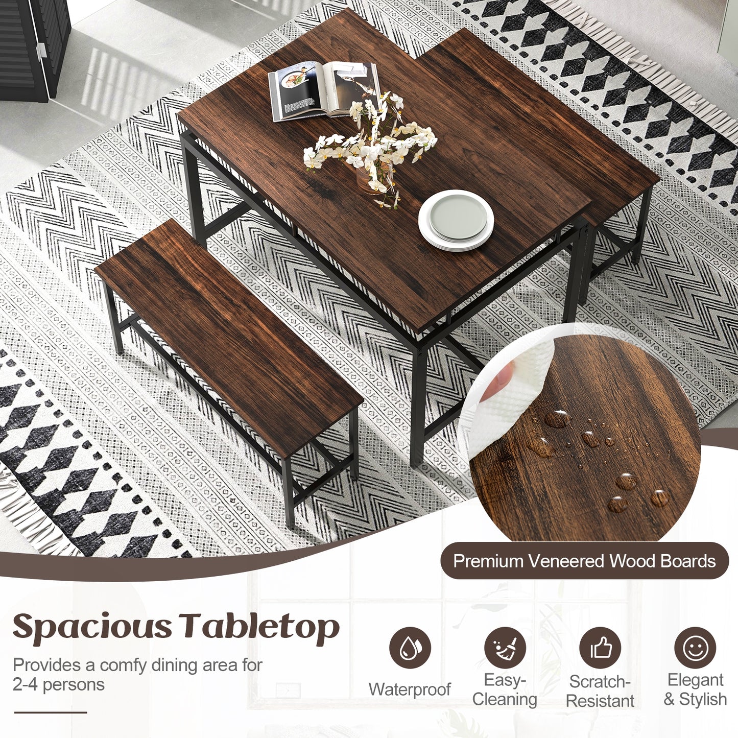 3 Piece Rustic Dining Set with Wooden Kitchen Table and 2 Space-Saving Benches
