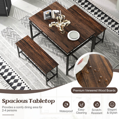3 Piece Rustic Dining Set with Wooden Kitchen Table and 2 Space-Saving Benches