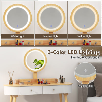Makeup Vanity Table Set with Adjustable LED Mirror, Cushioned Stool and 4 Storage Drawers – White & Natural