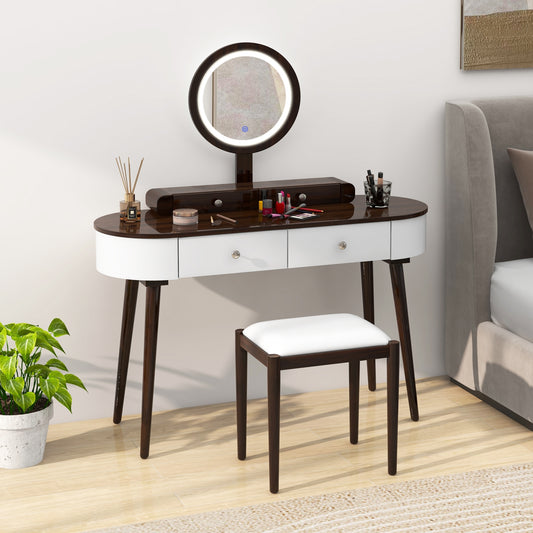 Makeup Vanity Table Set with Adjustable LED Mirror, Cushioned Stool and 4 Storage Drawers – White & Brown