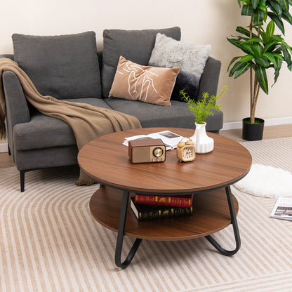 Elegant 33.5 Inch Round Coffee Table with Two-Tier Design, Walnut Finish and Stable V-Leg Metal Frame