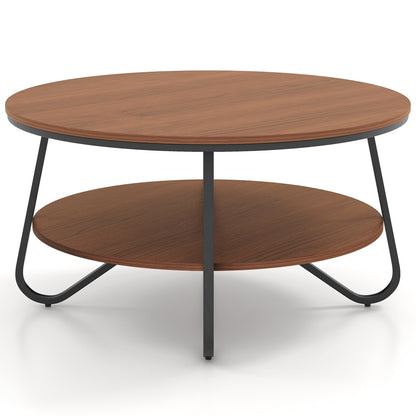 Elegant 33.5 Inch Round Coffee Table with Two-Tier Design, Walnut Finish and Stable V-Leg Metal Frame
