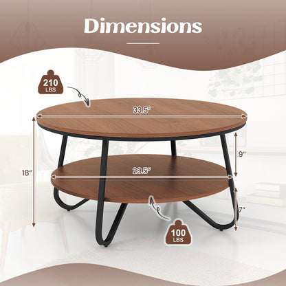 Elegant 33.5 Inch Round Coffee Table with Two-Tier Design, Walnut Finish and Stable V-Leg Metal Frame