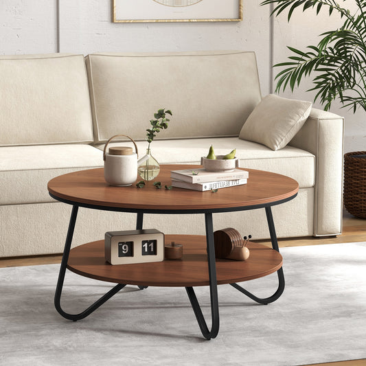 Elegant 33.5 Inch Round Coffee Table with Two-Tier Design, Walnut Finish and Stable V-Leg Metal Frame