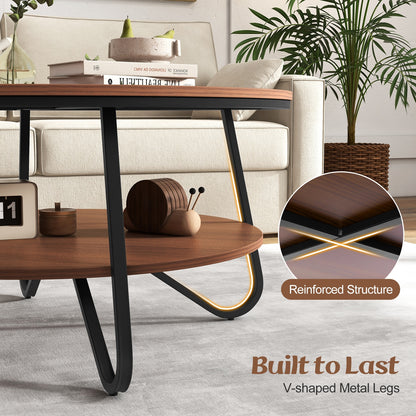 Elegant 33.5 Inch Round Coffee Table with Two-Tier Design, Walnut Finish and Stable V-Leg Metal Frame