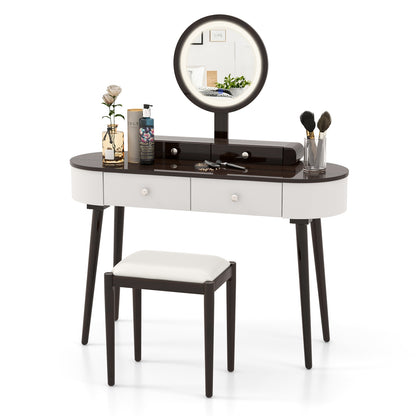 Makeup Vanity Table Set with Adjustable LED Mirror, Cushioned Stool and 4 Storage Drawers – White & Brown