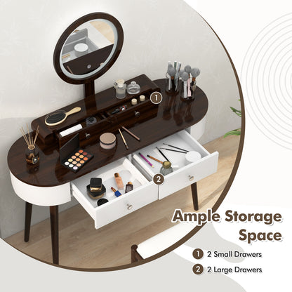 Makeup Vanity Table Set with Adjustable LED Mirror, Cushioned Stool and 4 Storage Drawers – White & Brown