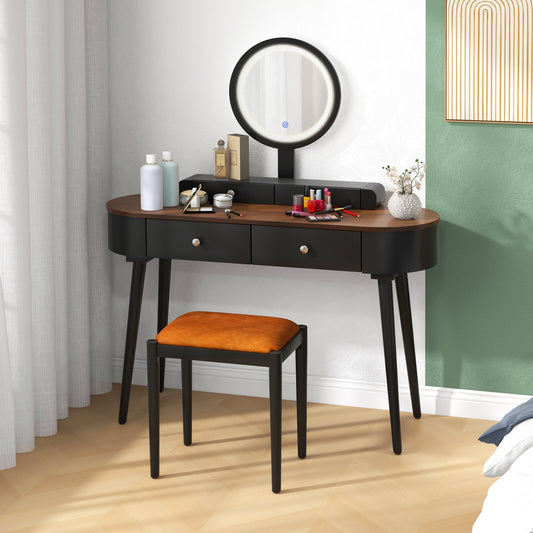Makeup Vanity Table Set with Adjustable LED Mirror, Cushioned Stool and 4 Storage Drawers – Black & Brown