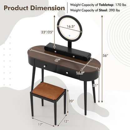 Makeup Vanity Table Set with Adjustable LED Mirror, Cushioned Stool and 4 Storage Drawers – Black & Brown