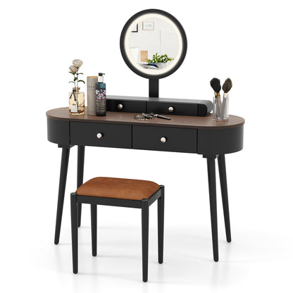 Makeup Vanity Table Set with Adjustable LED Mirror, Cushioned Stool and 4 Storage Drawers – Black & Brown
