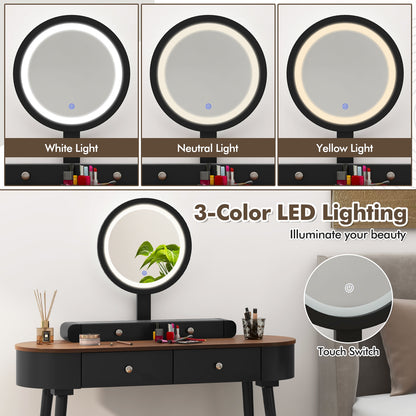 Makeup Vanity Table Set with Adjustable LED Mirror, Cushioned Stool and 4 Storage Drawers – Black & Brown