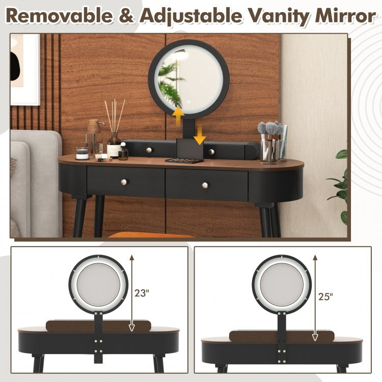 Makeup Vanity Table Set with Adjustable LED Mirror, Cushioned Stool and 4 Storage Drawers – Black & Brown