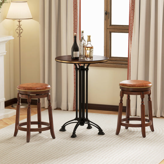 Set of 2 Upholstered Swivel Bar Stools with Rubber Wood Frame and Vintage Rivet Detailing - 24 inch